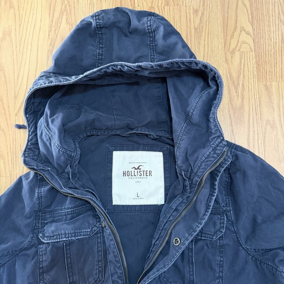 Hollister Y2K Mens Field Jacket Blue Hooded Size L Utility Cargo Pockets - Picture 4 of 10